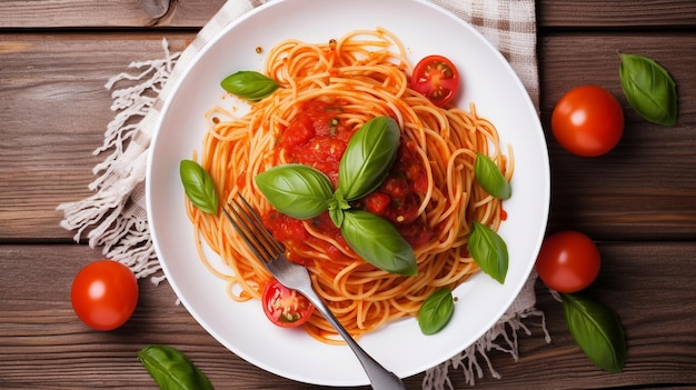 Fourche de spaghettis avec sauce tomate et basilic