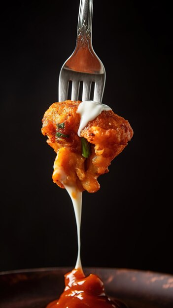 Une fourchette avec une bouchée de boulettes de viande dessus