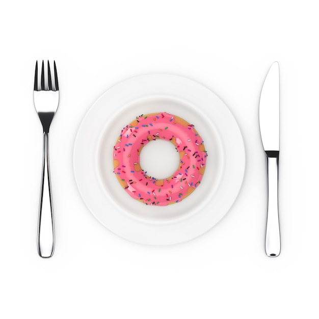 Fourchette et couteau près de la plaque avec Big Donut glacé rose fraise, vue de dessus sur fond blanc. Rendu 3D