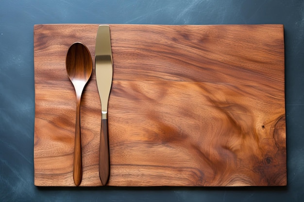 fourchette et cuillère à couverts en bois sur une planche à découper sur la table