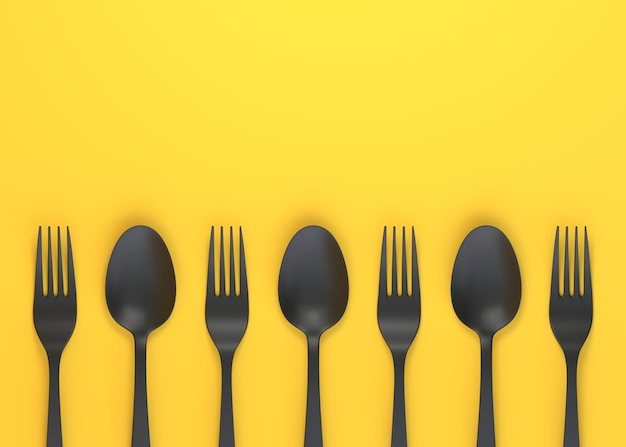 Fourchette et cuillère sur fond jaune Outils de cuisine et accessoires de cuisine 3D