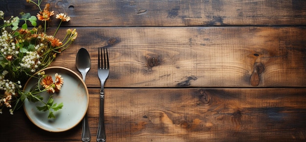 Fourchette d'espace vide et couteau sur fond en bois Réglage de table vide sur la table en bois Vue ci-dessus