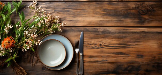 Fourchette d'espace vide et couteau sur fond en bois Réglage de table vide sur la table en bois Vue ci-dessus