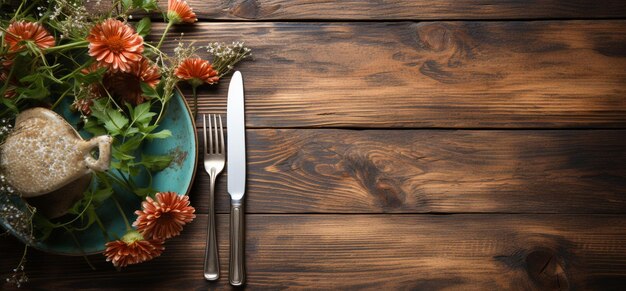 Fourchette d'espace vide et couteau sur fond en bois Réglage de table vide sur la table en bois Vue ci-dessus