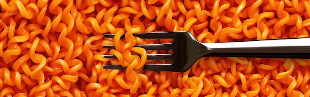 Une fourchette est insérée dans un monticule de nouilles orange vif mettant en évidence le contraste de couleurs