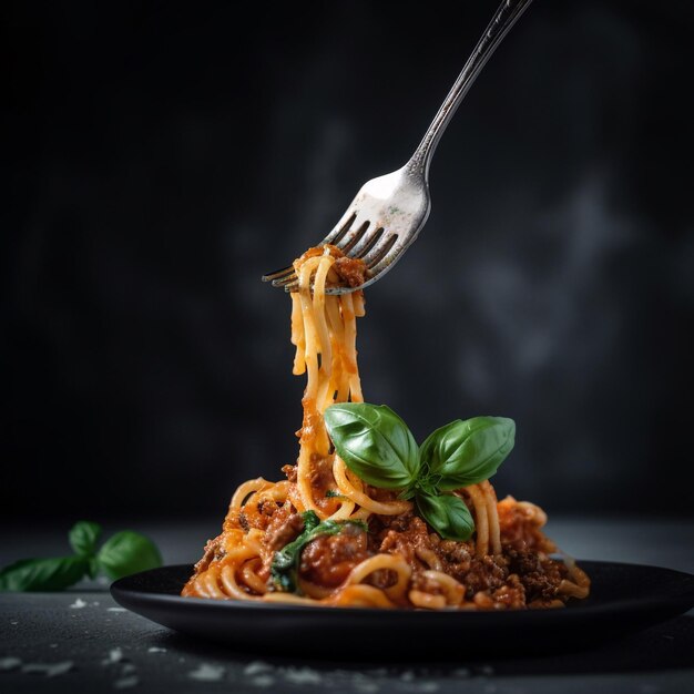 Une fourchette tient une fourchette qui contient de la viande et le mot spaghetti dessus