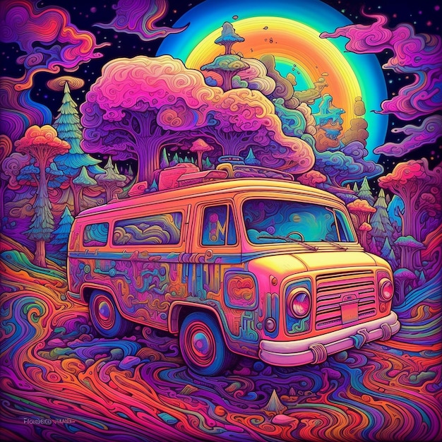 Un fourgon de camping un monde fantastique coloré un fourgon hippie