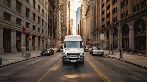 Un fourgon de livraison blanc transporté sur une route de la ville Transport Generative Ai