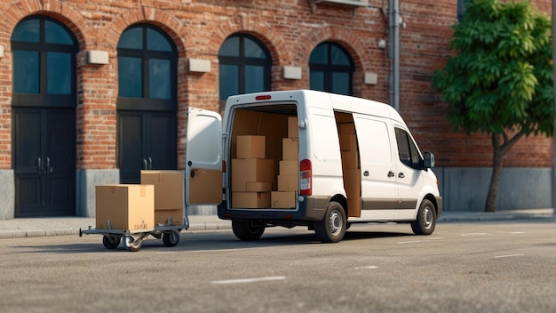 Photo un fourgon de livraison avec des boîtes de carton sur fond gris