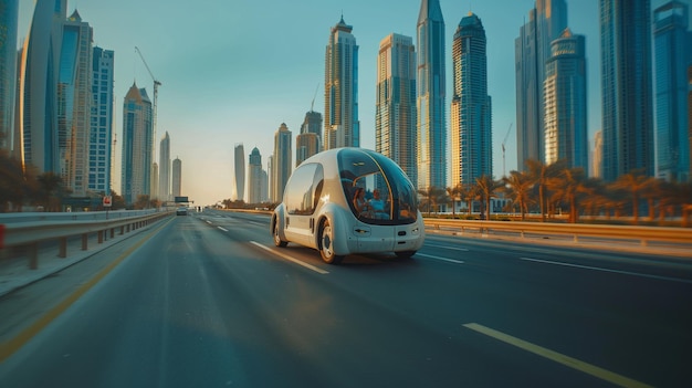 Une fourgonnette autonome futuriste sur l'autoroute de la ville au coucher du soleil