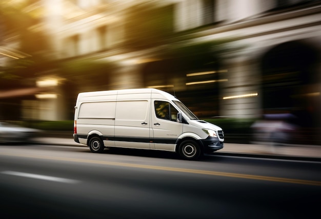 Photo une fourgonnette blanche sur la route avec un fond flou de mouvement image floue