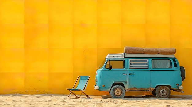 Photo une fourgonnette bleue avec une planche de surf sur le côté est garée devant un mur jaune