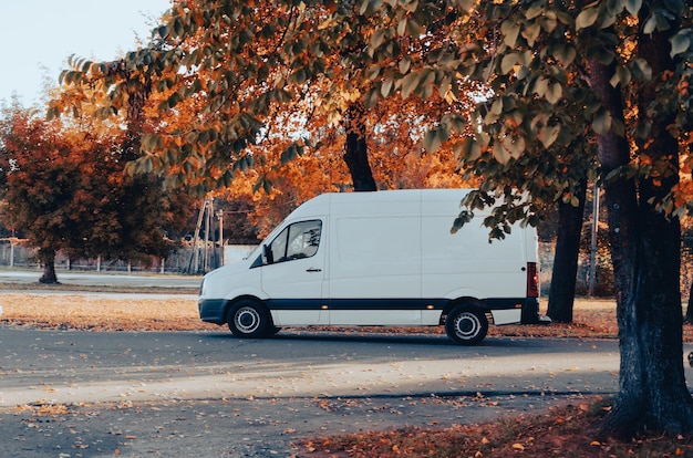 La fourgonnette de livraison de fret moderne blanche roule entre les arbres