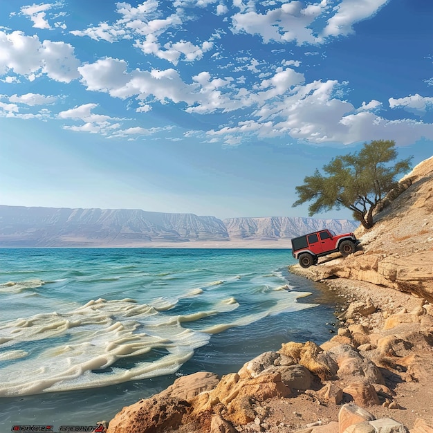 une fourgonnette rouge est garée sur une falaise rocheuse près de l'océan