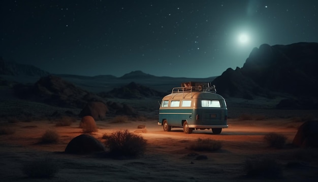 Une fourgonnette vintage sur un paysage désertique la nuit sur le fond d'un ciel étoilé et de la lune générée par l'IA