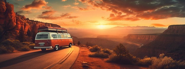 Une fourgonnette voyageant au coucher du soleil dans la nature sur un chemin de canyon pour un voyage sur la route vers la liberté d'aventure