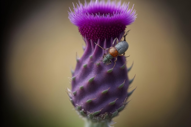 Une fourmi est vue sur la tige d'un bourgeon de fleur de chardon pourpre dans une image verticale