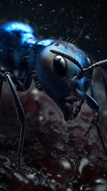 Une fourmi géante bleue sur fond noir