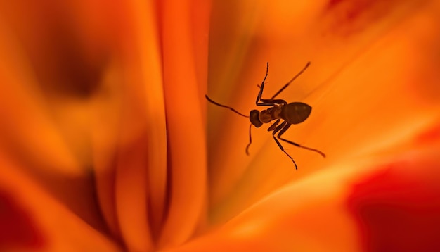 Une fourmi à l'intérieur d'un foyer sélectif de bourgeon de fleur de lys orange vif