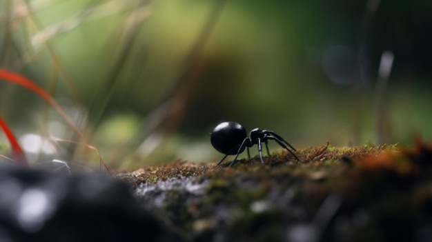 Une fourmi noire est sur une branche avec un fond vert.