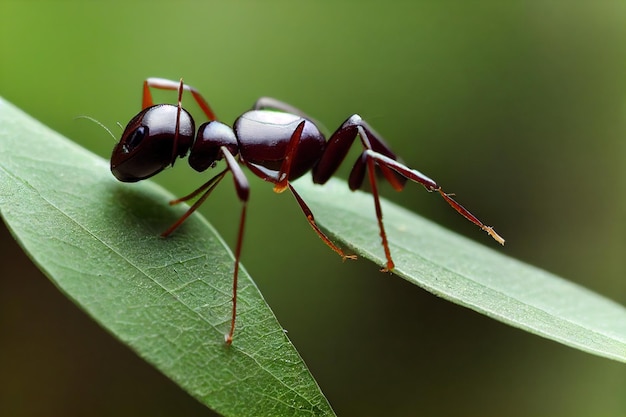 La fourmi noire solitaire est assise sur une feuille verte sur fond de nature