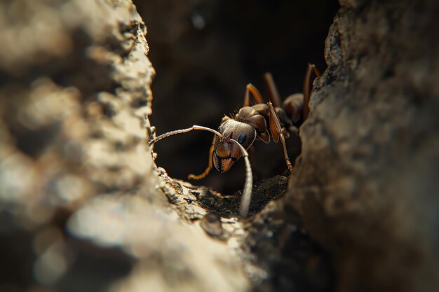 Photo la fourmi qui regarde depuis la crevasse de la terre, les ombres sombres, le niveau des yeux, la texture détaillée, la mise au point.