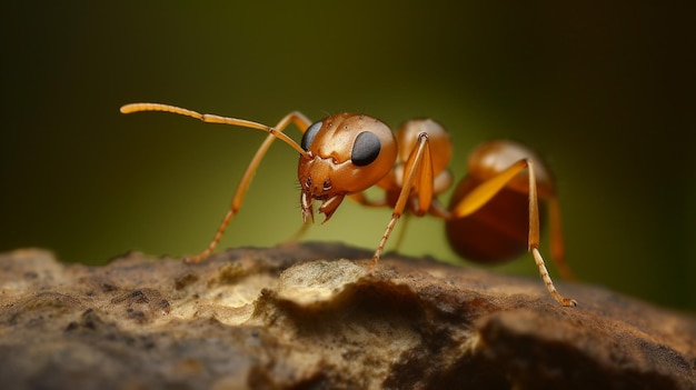 Une fourmi rouge aux yeux noirs est assise sur une branche.