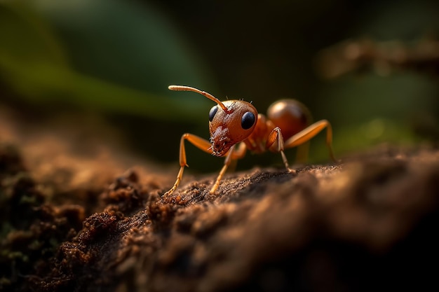 Une fourmi rouge est assise sur un morceau de bois avec le mot fourmis dessus.