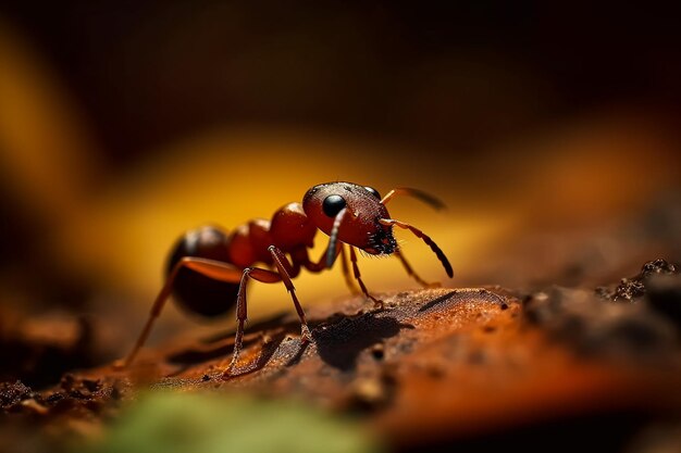 Une fourmi rouge est sur une feuille dans l'obscurité