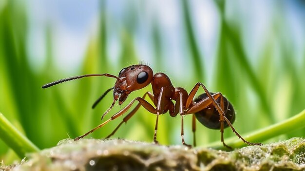 La fourmi se repose sur l'herbe fourmi rouge dans la nature