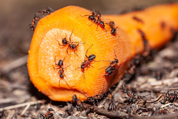 Photo les fourmis aident ensemble à soulever des morceaux de carotte de retour à sa ruche concept de travail d'équipe