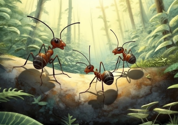 les fourmis marchent ensemble dans la jungle sur une IA générative de journaux
