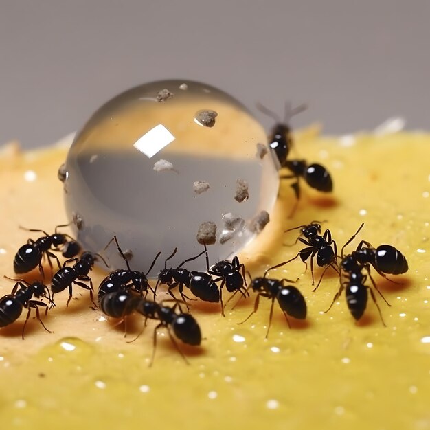 Fourmis noires mangeant une goutte de miel Concept de travail d'équipe ou de travail acharné ou d'unité