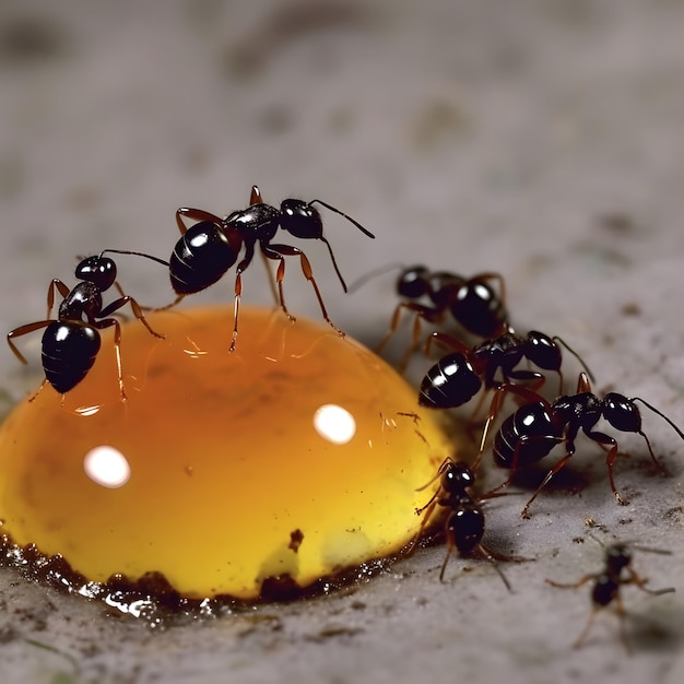 Fourmis noires mangeant une goutte de miel Concept de travail d'équipe ou de travail acharné ou d'unité