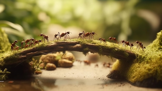 Fourmis sur le pont en bois Generative Ai