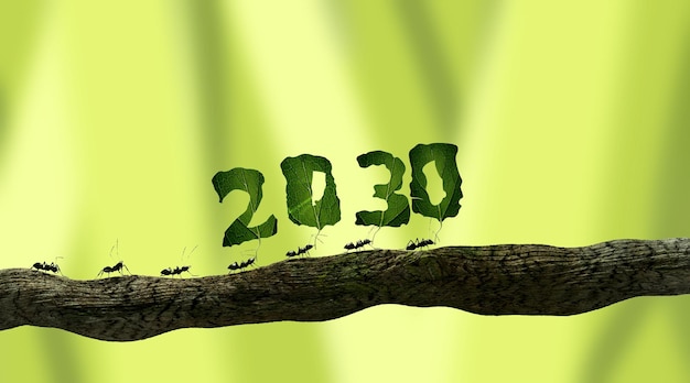 fourmis portant des feuilles avec les numéros 2030 - rendu 3D
