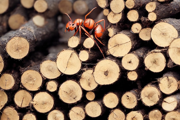 Fourmis rouge vif rampant sur un tas de branches tombées et de bois de chauffage