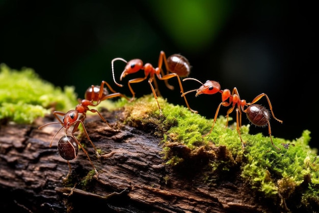 des fourmis rouges sur une bûche avec de la mousse verte