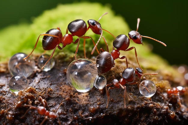 Des fourmis rouges sur une souche d'arbre.