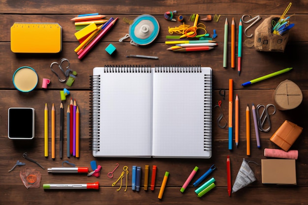 Photo fournitures de bureau scolaires sur un bureau avec espace de copie retour à l'école concept générative ai