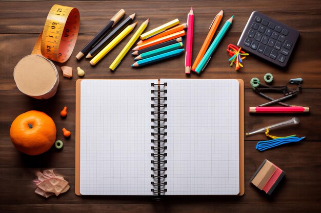 Photo fournitures de bureau scolaires sur un bureau avec espace de copie retour à l'école concept générative ai