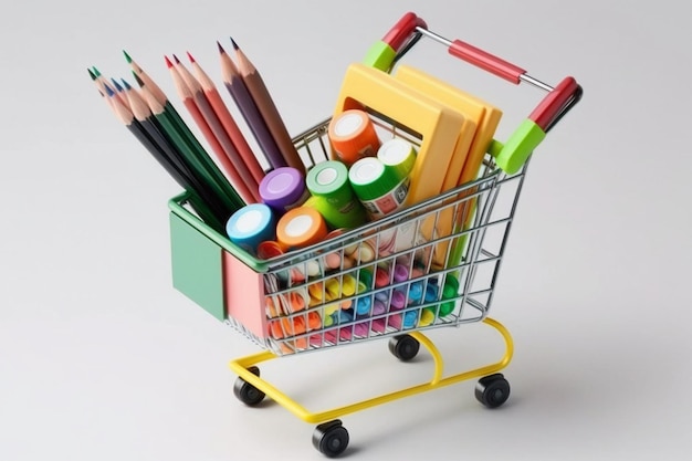 Fournitures de bureau scolaires et papeterie dans un caddie de couleur blanche