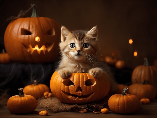 Les fournitures d'Halloween et un chaton assis dans une lanterne de citrouille Jacko'Lantern lèche ses lèvres et regarde