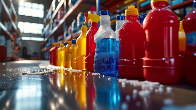 Photo des fournitures de nettoyage industrielles dans un entrepôt présentant diverses bouteilles de détergent coloré