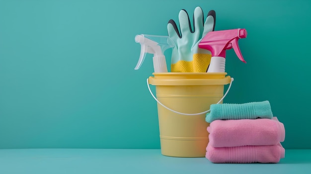 Des fournitures de nettoyage lumineuses dans un seau avec des serviettes sur fond bleu teint pour le nettoyage de printemps.