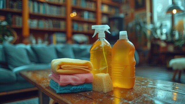 Des fournitures de nettoyage variées prêtes pour les tâches ménagères