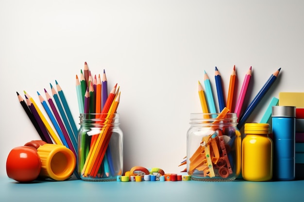 Fournitures scolaires et de bureau sur un concept éducatif de fond blanc