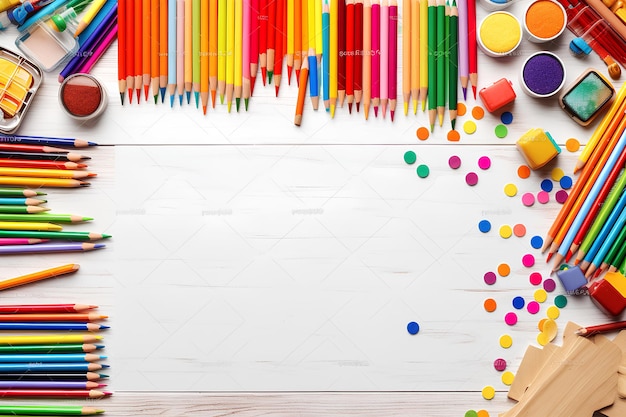 fournitures scolaires colorées écrites sur une table en bois blanc