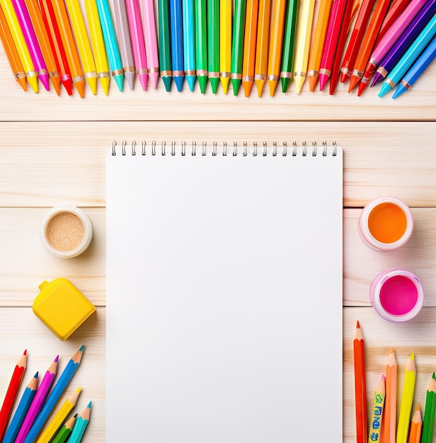 Photo fournitures scolaires sur fond de bois blanc vue supérieure avec espace de copie