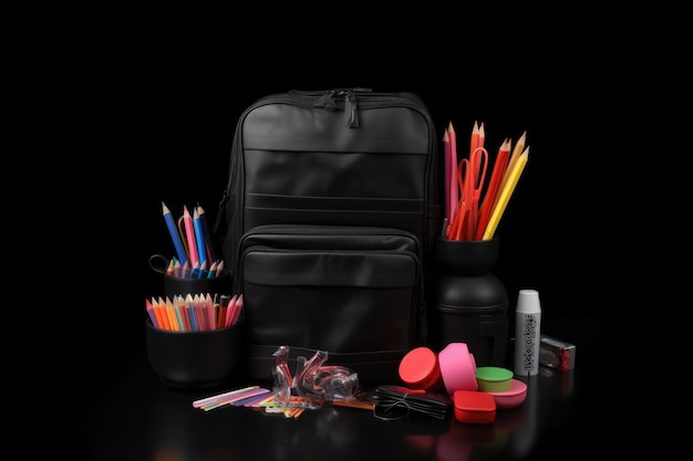 Fournitures scolaires sur fond noir pour un look minimaliste et moderne créé avec une IA générative